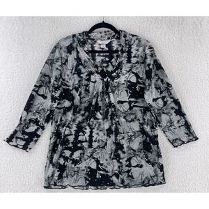 Christopher & Banks Petite Black Plisse Studded Shirt Womens 3/4 Sleeve Size PXL